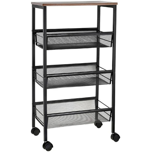Rustic Brown Black 3 Tier Utility Serving Cart Rolling Kitchen Office Storage
